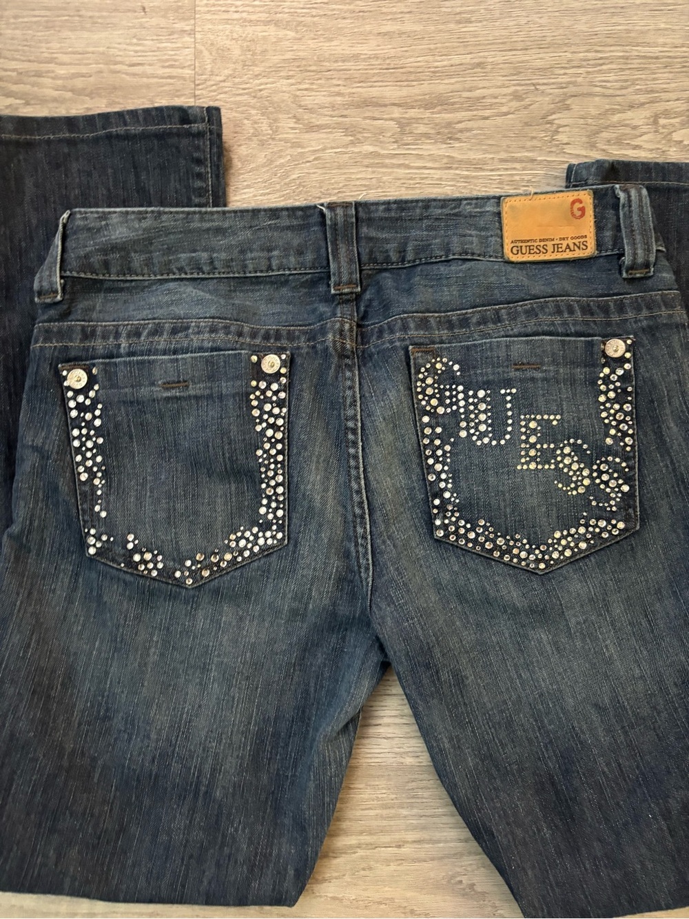 y2k Guess Women's Dark Blue Rhinestone Pocket bootcut Jeans